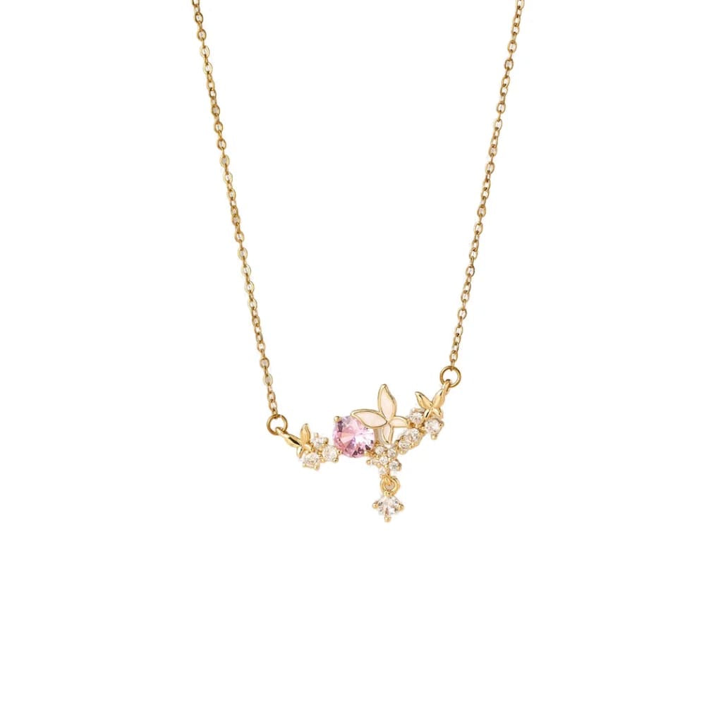 Pink Crystal Butterfly Necklace – Gold & Silver Floral Charm