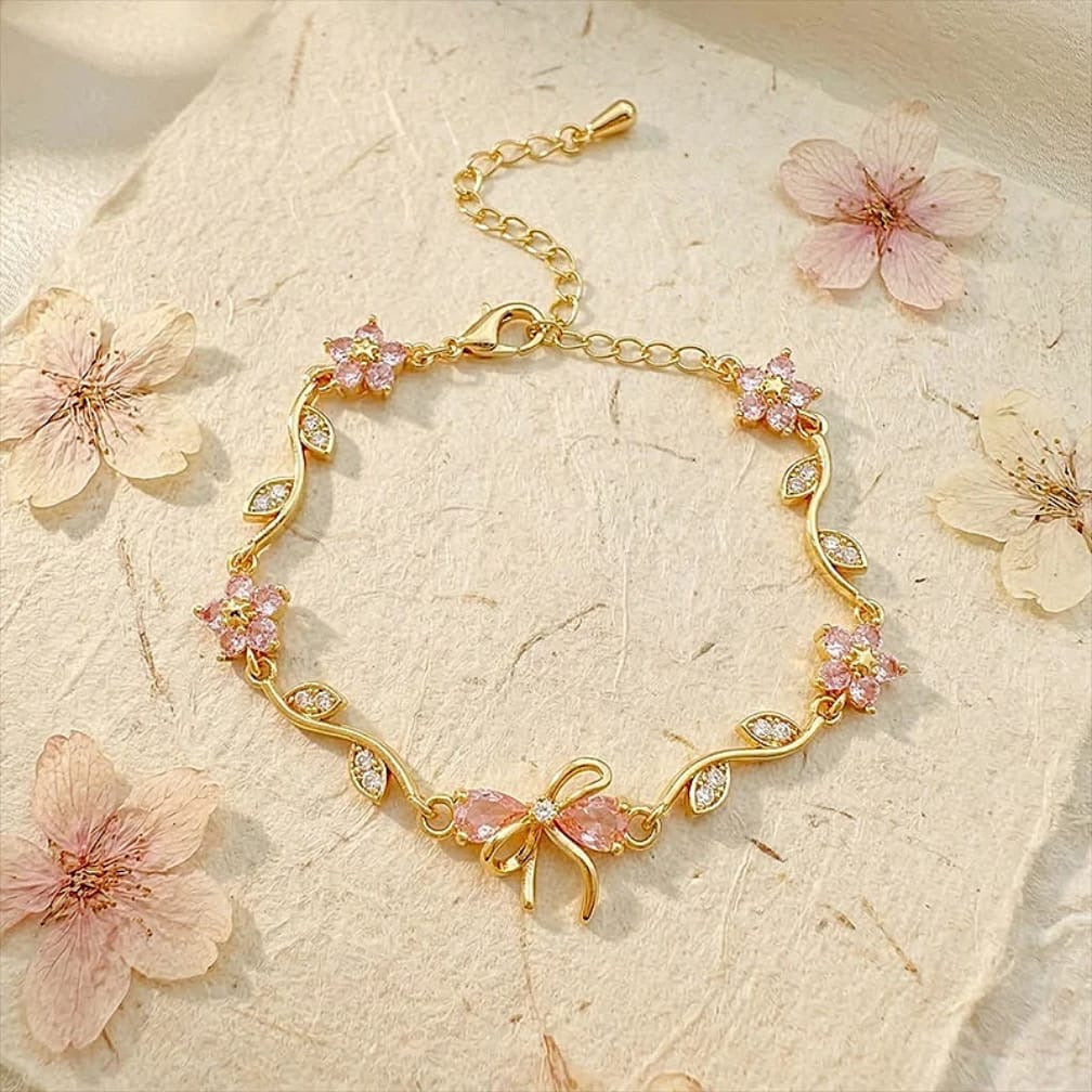 Floral Bow Bracelet – Crystal Flower & Bow Charm Gold Chain