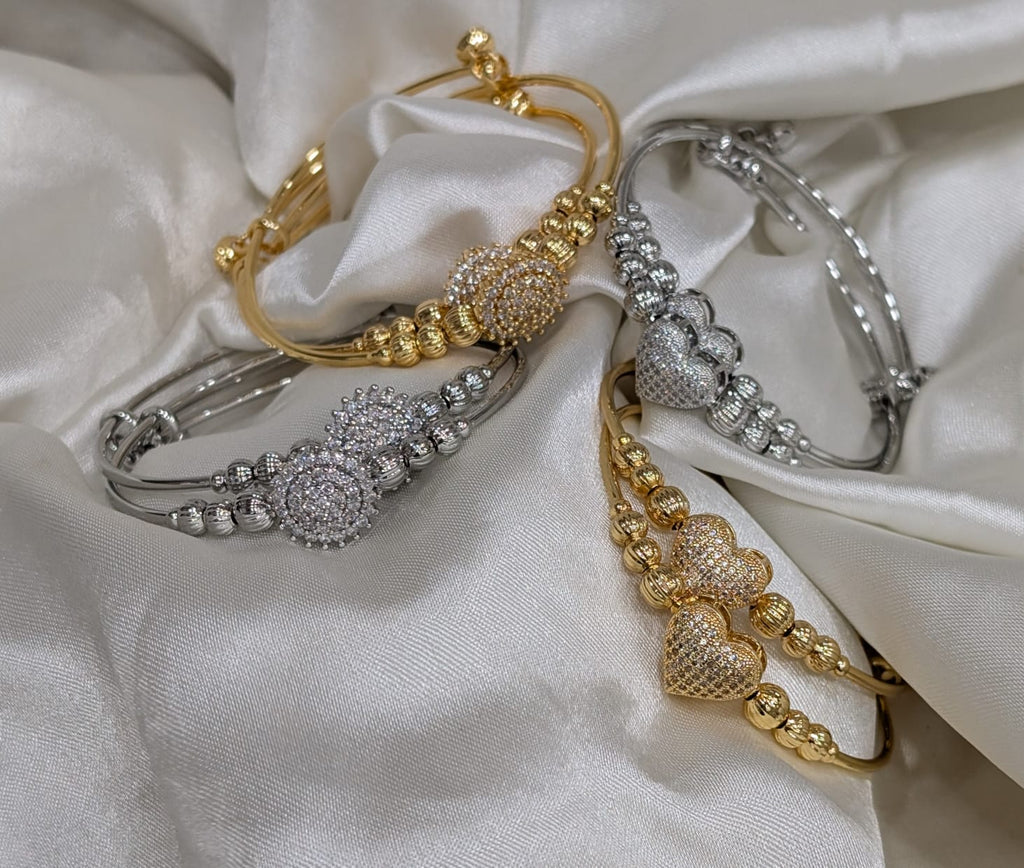 Luxe Pavé Heart & Round Adjustable Bangles (Pair)