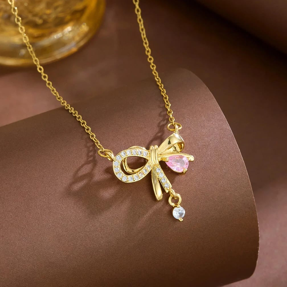 Crystal Bow Necklace – Pink Zircon Pendant