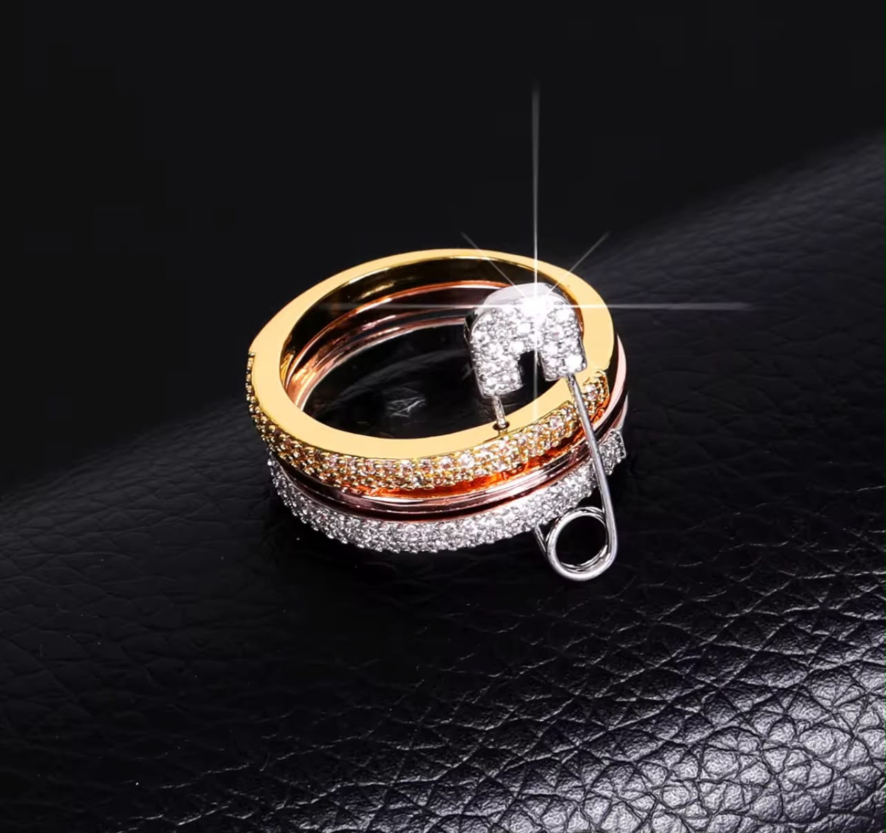 Safety Pin Ring Set – Triple Band with Crystal Pavé