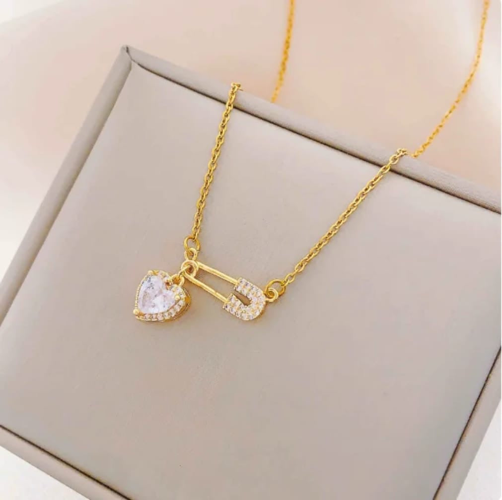 Safety Pin Heart Necklace – Gold Plated CZ Pendant