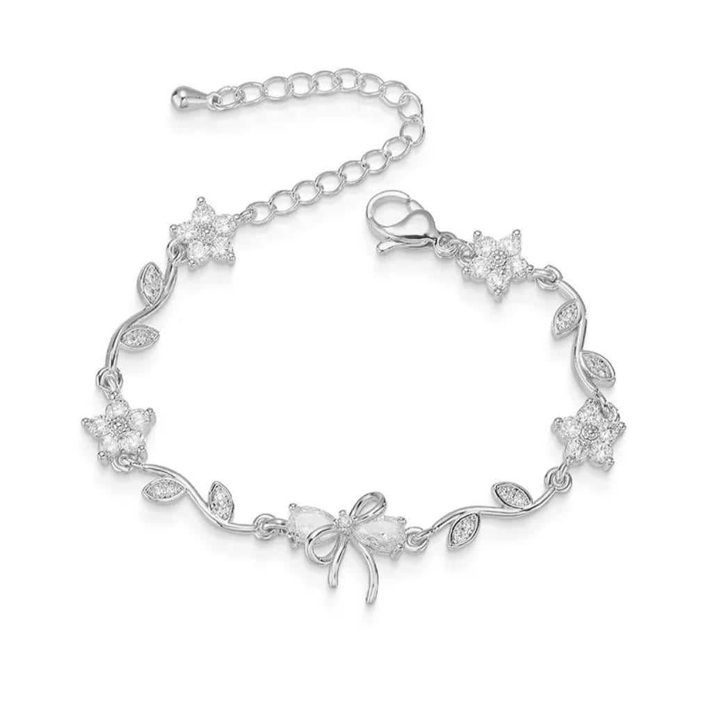 Floral Bow Bracelet – Crystal Flower & Bow Charm Gold Chain