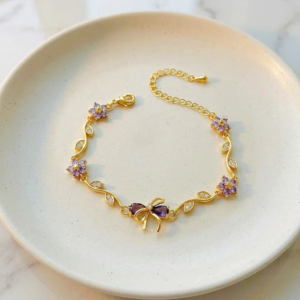 Floral Bow Bracelet – Crystal Flower & Bow Charm Gold Chain